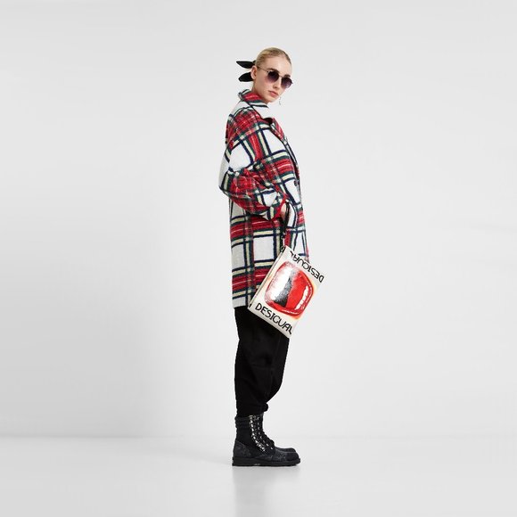 NWT Desigual red & white tartan print coat jacket, US12 - Picture 6 of 15
